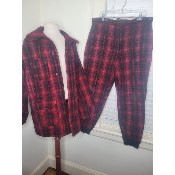 VTG Woolrich Wool Hunting Suit Buffalo Plaid Red Mackinaw Jacket 44L Pants 38 - Picture 2 of 12